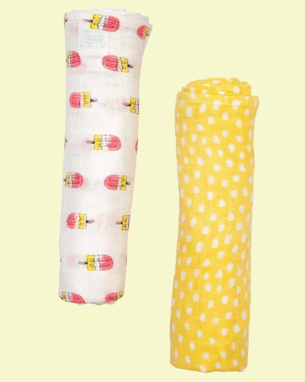 Pink and yellow popsicle printed muslin baby swaddle - set of two 1