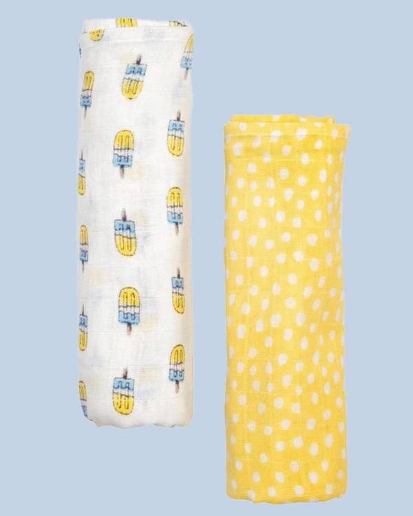 Blue and yellow popsicle printed muslin baby swaddle - set of two 1