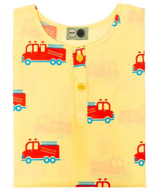 Yellow and multicolor firefighter truck printed unisex night suit - set of two 2