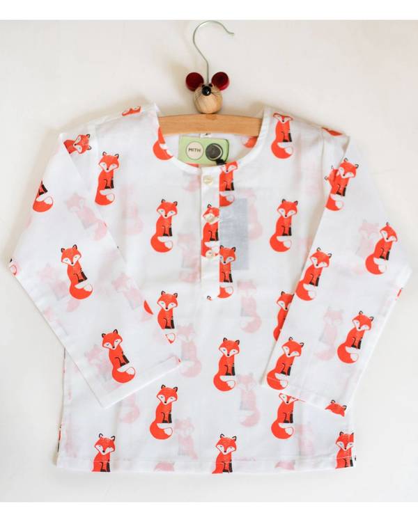 White and pink fox printed unisex night suit - set of two 1