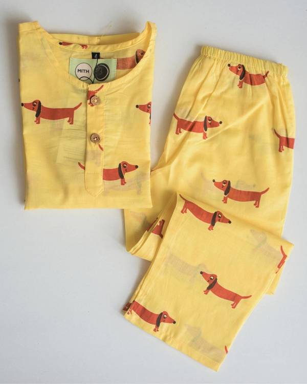 Yellow and brown dachschund printed unisex night suit - set of two 1