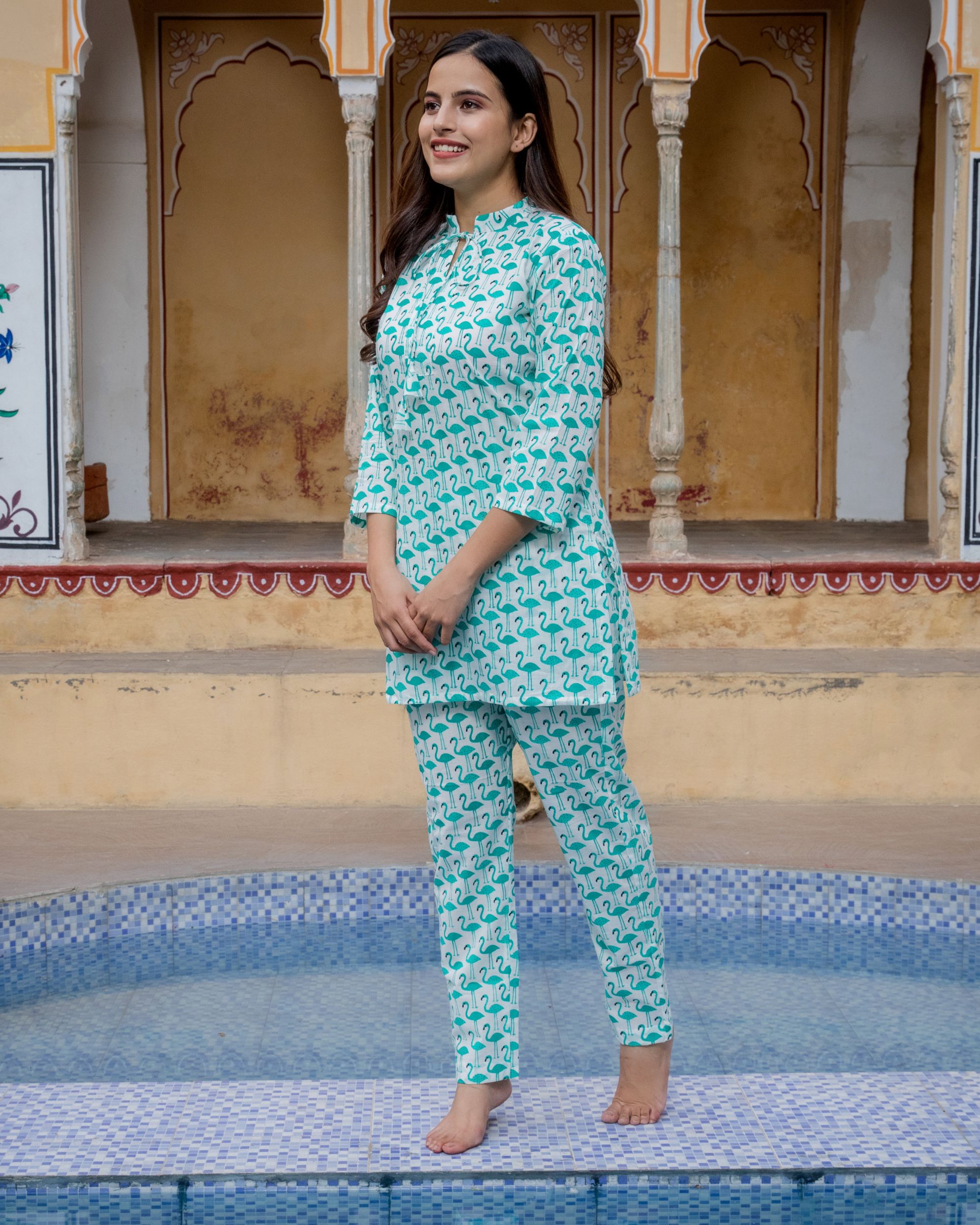 Blue hand block panda printed night suit - set of two by House Of Jamoti