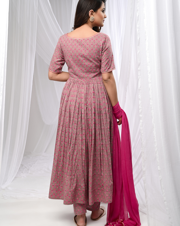 Rani pink printed front buttons anarkali 1