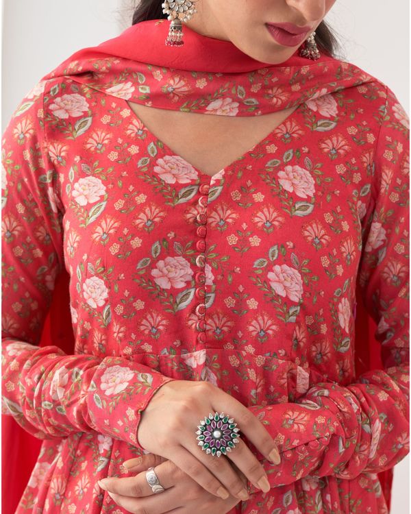 Hot pink printed anarkali set - set of two 2