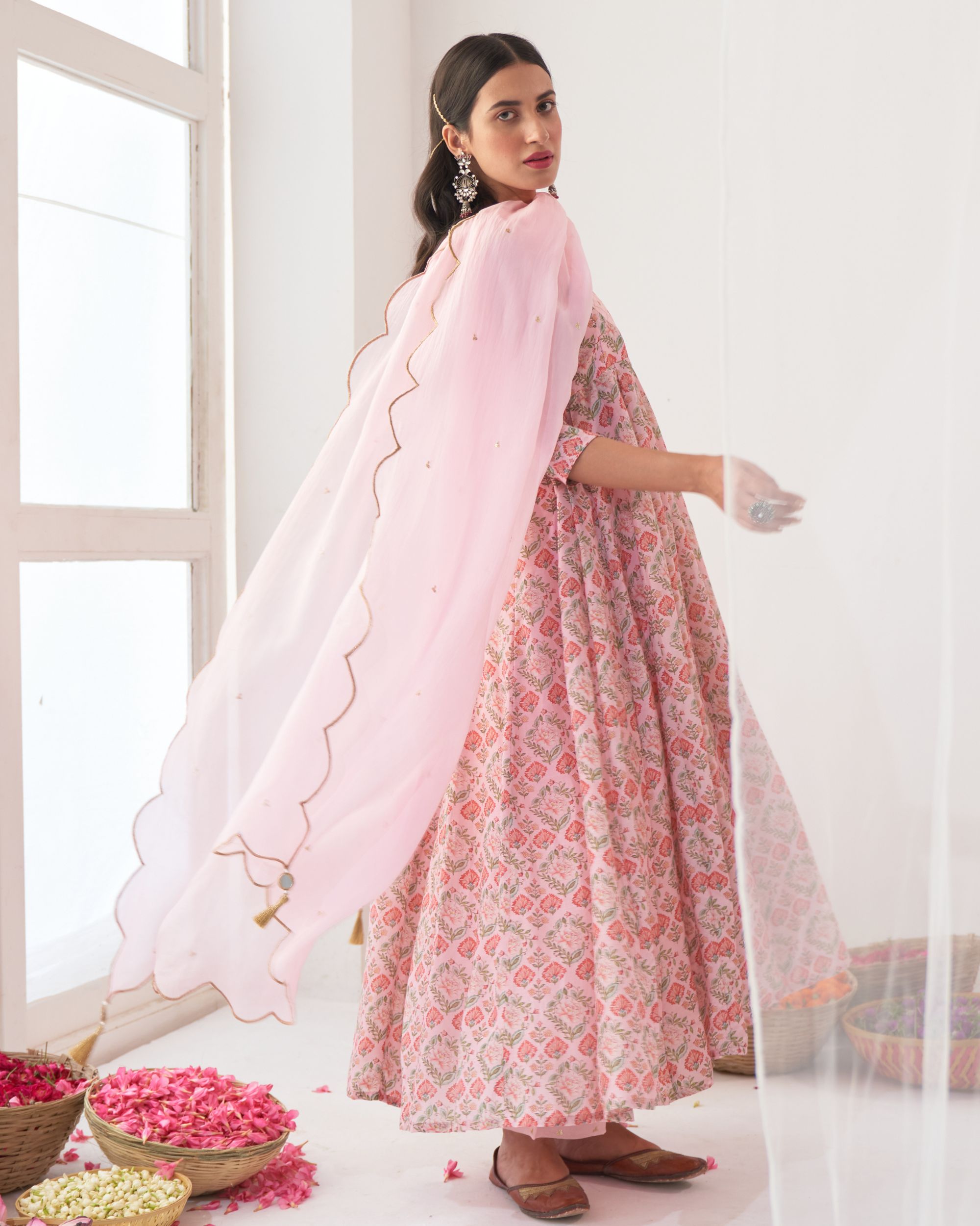 Powder pink printed embroidered anarkali set - set of three by Negra ...