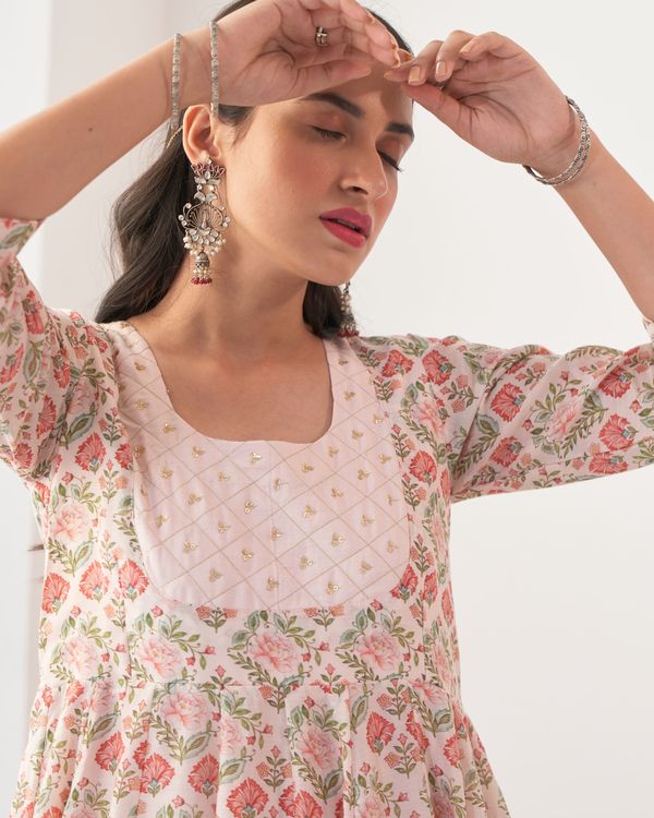 Ivory printed embroidered anarkali set - set of two 2