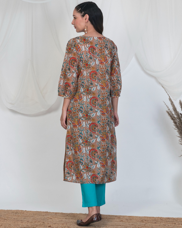 Hazel brown puff sleeve spring kurta with solid pants - set of two 1