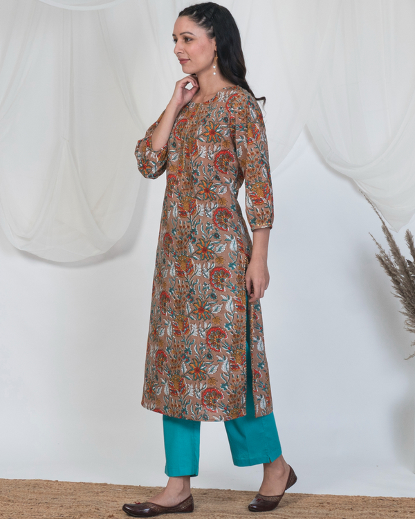 Hazel brown puff sleeve spring kurta with solid pants - set of two 2