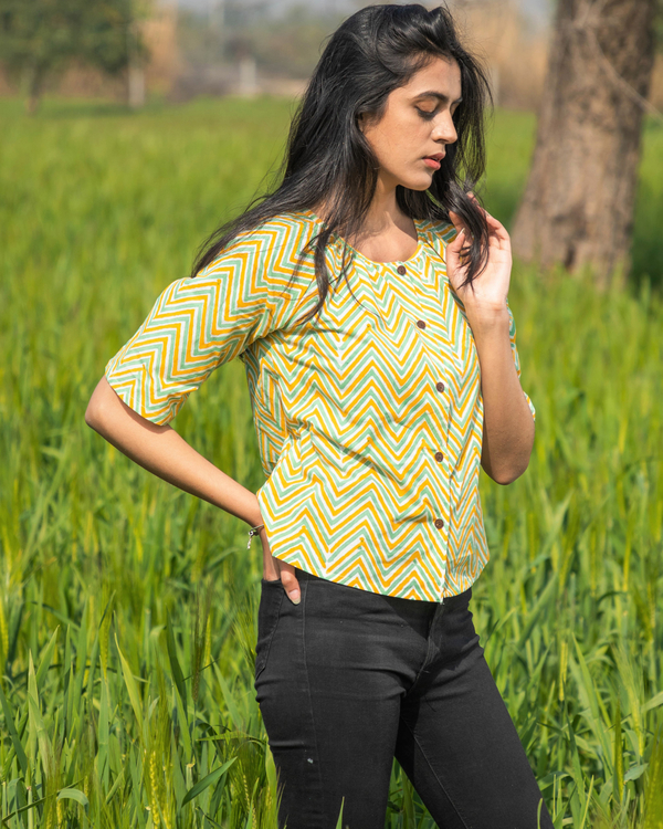 Green handblock printed cotton crop top 1
