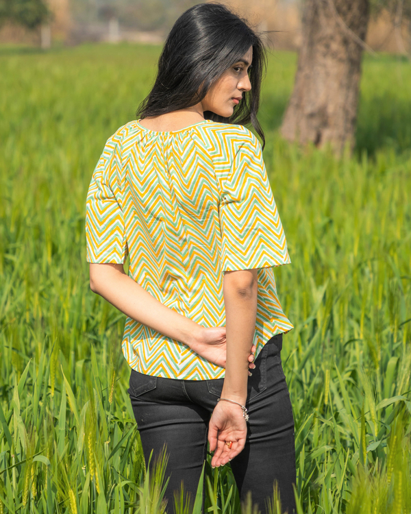 Green handblock printed cotton crop top 2