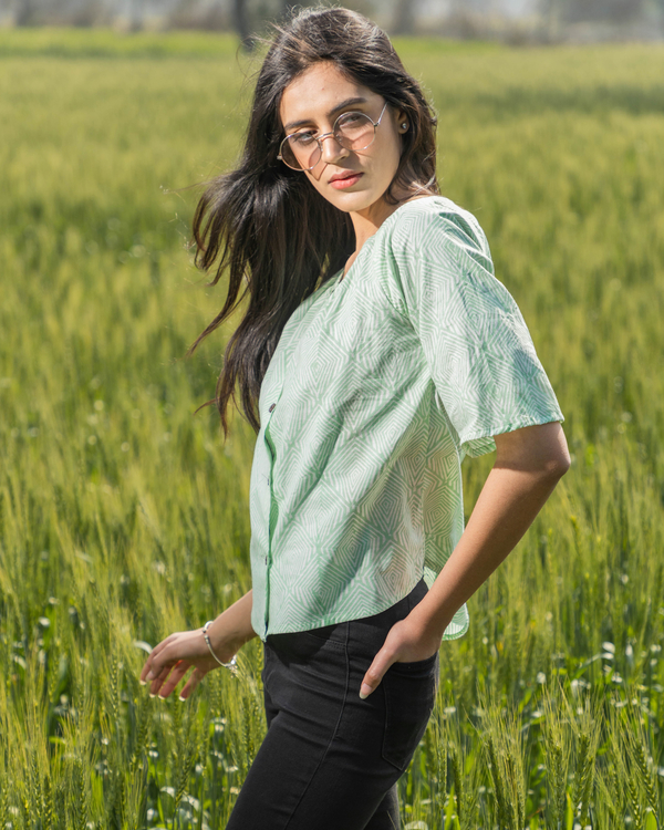Pastel green handblock printed cotton crop top 2