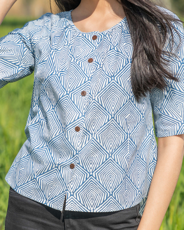 Mint blue handblock printed cotton crop top 1