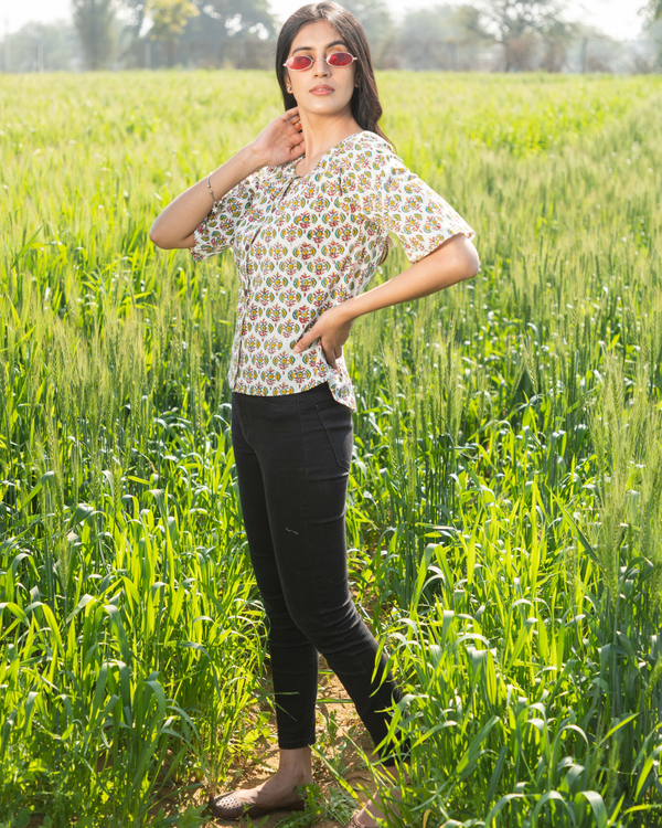 White handblock printed cotton crop top 2