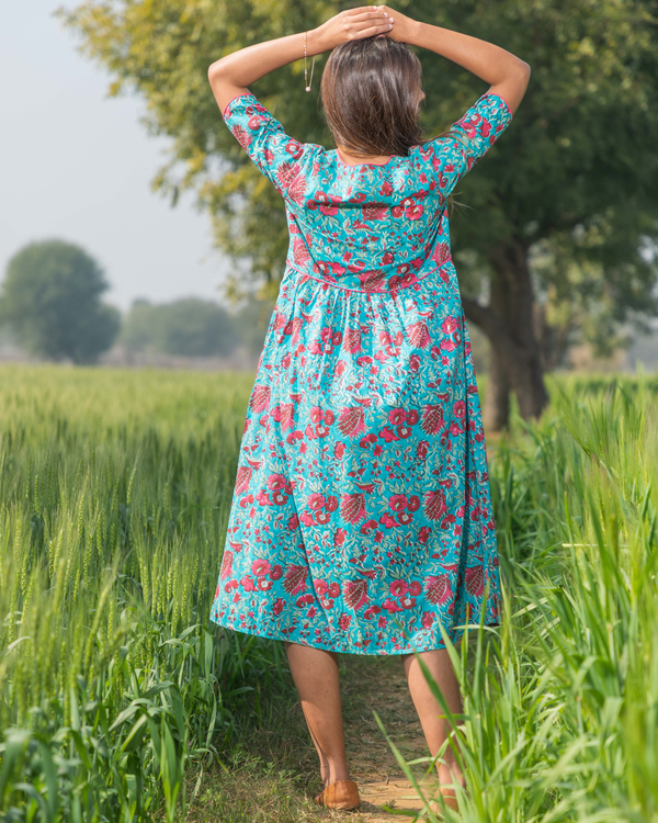 Blue floral handblock printed cotton dress 3
