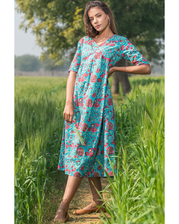 Blue floral handblock printed cotton dress 2
