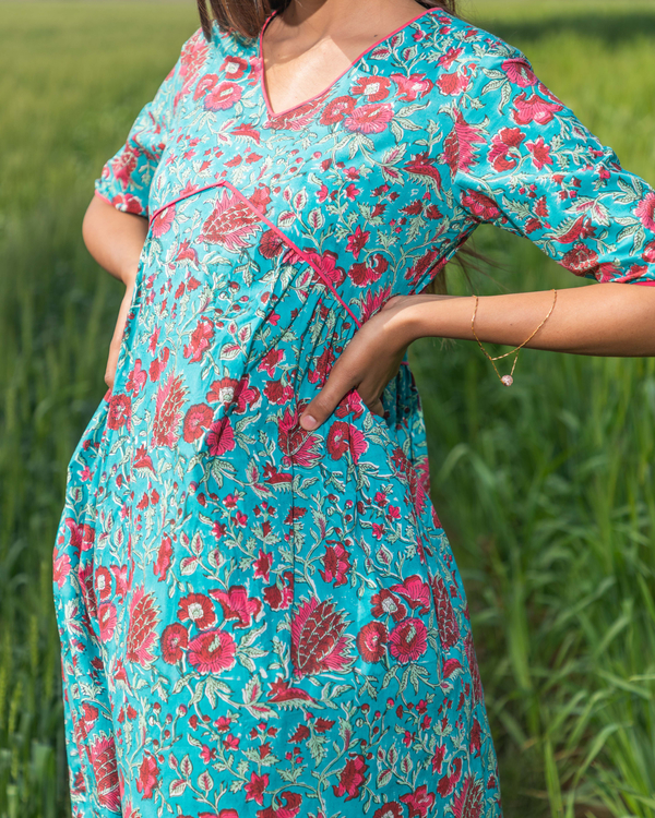 Blue floral handblock printed cotton dress 1