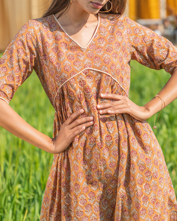Rusty orange handblock printed cotton dress 1