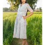 Mist blue handblock printed cotton dress by Sooti Syahi