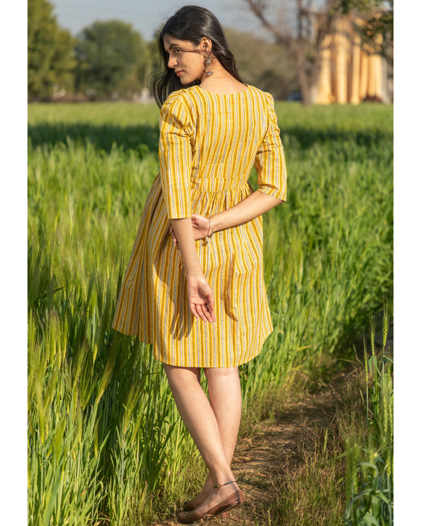 Yellow striped handblock printed cotton dress 3