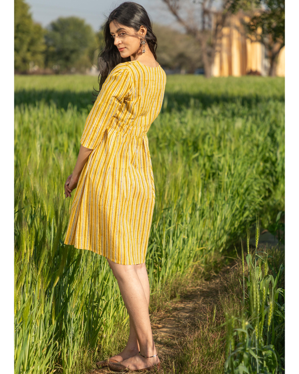 Yellow striped handblock printed cotton dress 2