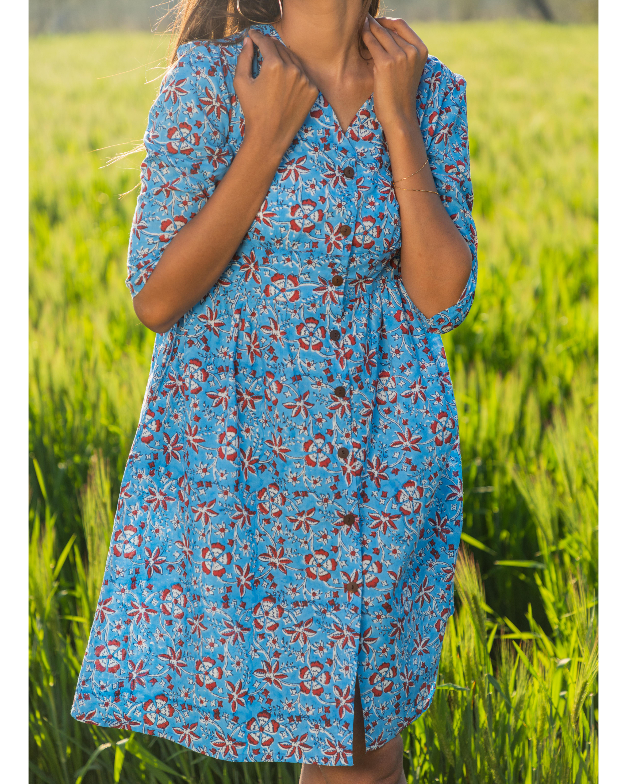 Sky blue handblock printed cotton dress by Sooti Syahi