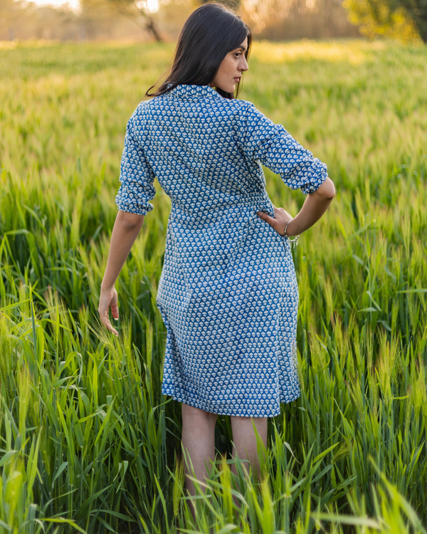 Blue handblock printed cotton dress 3