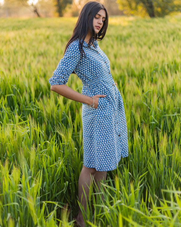 Blue handblock printed cotton dress 2