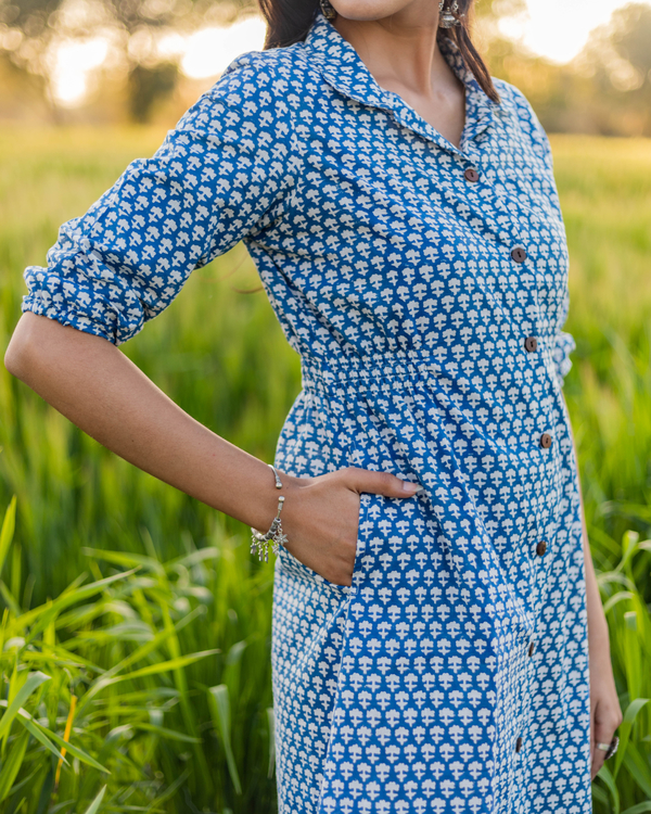 Blue handblock printed cotton dress 1