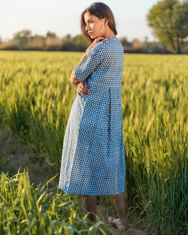 Sea blue handblock printed cotton dress 3