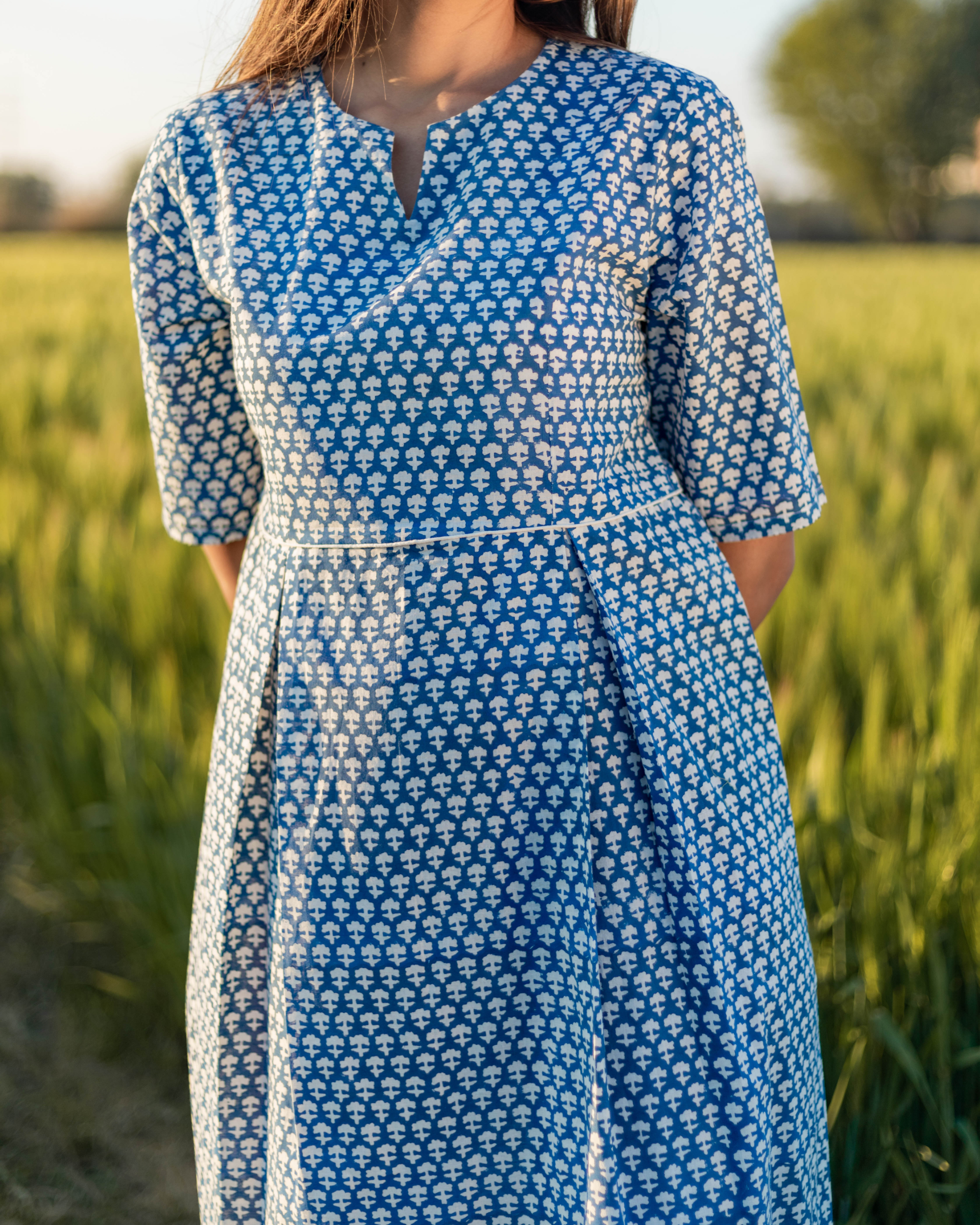 Mist blue handblock printed cotton dress by Sooti Syahi