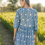 Blue floral handblock printed cotton dress by Sooti Syahi