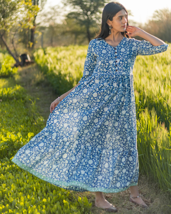 Mist blue handblock printed cotton dress by Sooti Syahi | The Secret Label
