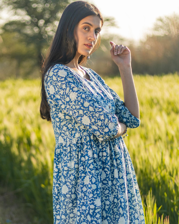 Mist blue handblock printed cotton dress by Sooti Syahi | The Secret Label