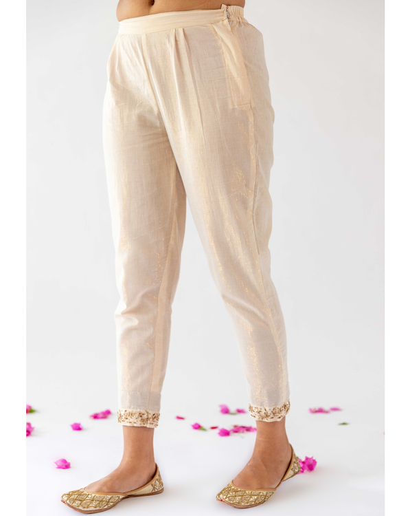 Ivory embroidered lurex cotton straight pants 1