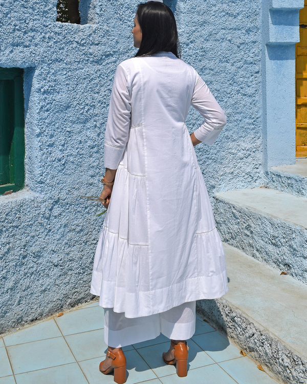 White kurta with side gathers and pants - set of two 2