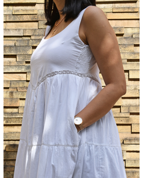 White cotton tiered dress with lace detailing 4