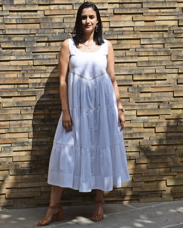 White cotton tiered dress with lace detailing 5