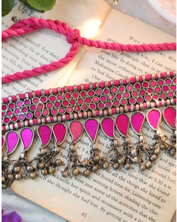 Pink handcrafted metal and glass work neckpiece 1