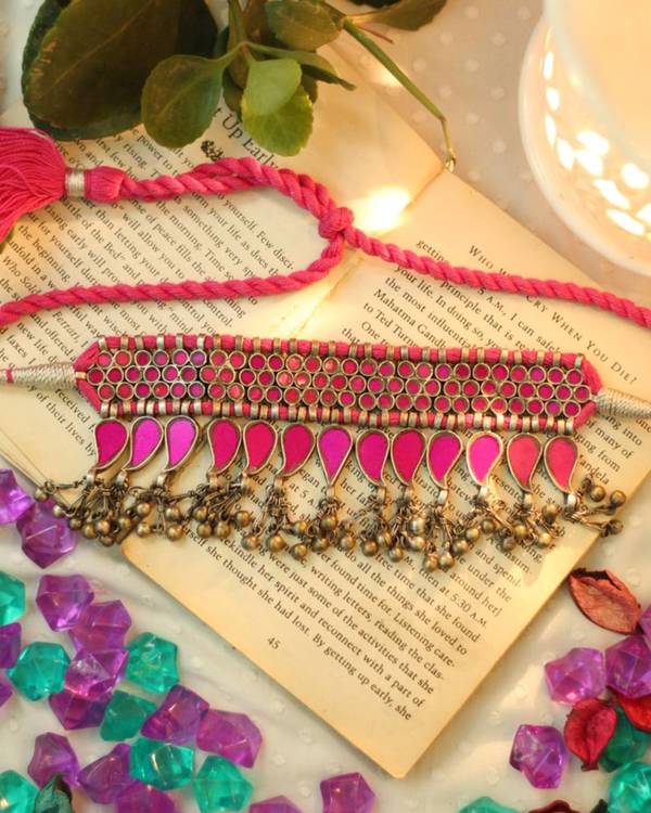 Pink handcrafted metal and glass work neckpiece 2