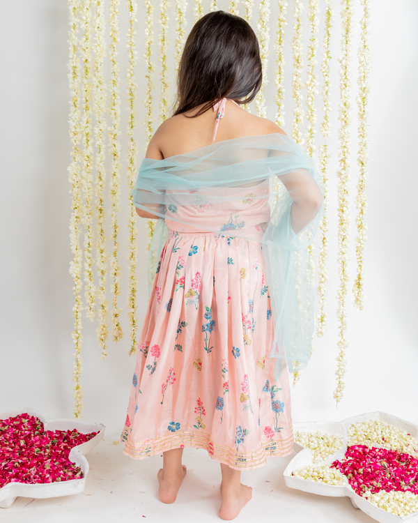 Blush pink lehenga set with aqua blue dupatta- set of three 1