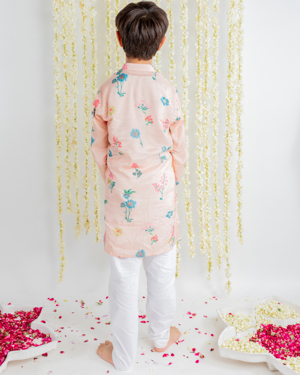 Peach floral printed kurta with white pajama set - set of two 1