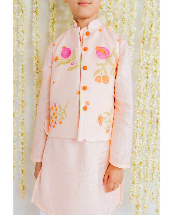 Peach kurta pajama set with anar printed jacket - set of three 1