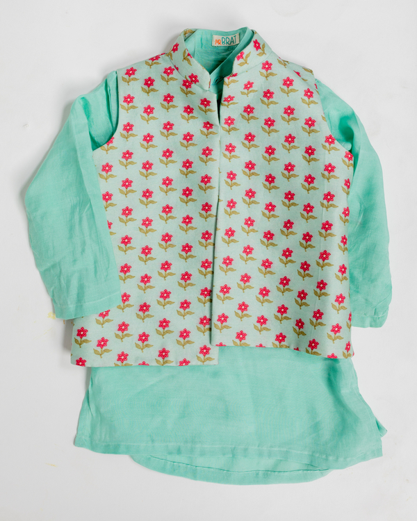 Aqua blue kurta pajama set with pink floral printed jacket - set of three 1