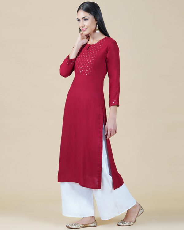 Cherry red sequin yoke kurta palazzo set - set of two 2