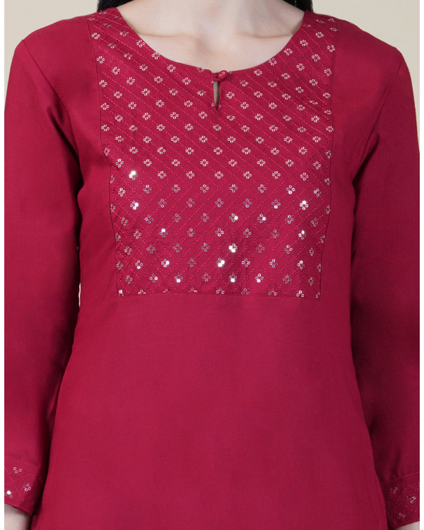 Cherry red sequin yoke kurta palazzo set - set of two 3