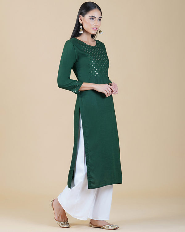Bottle green sequin yoke kurta 2
