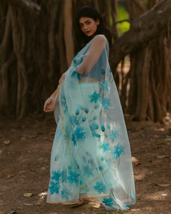 Turquoise floral hand painted organza saree 2