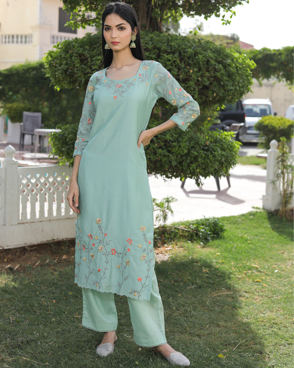 Mint green embroidered suit set with scallop dupatta - set of three by ...