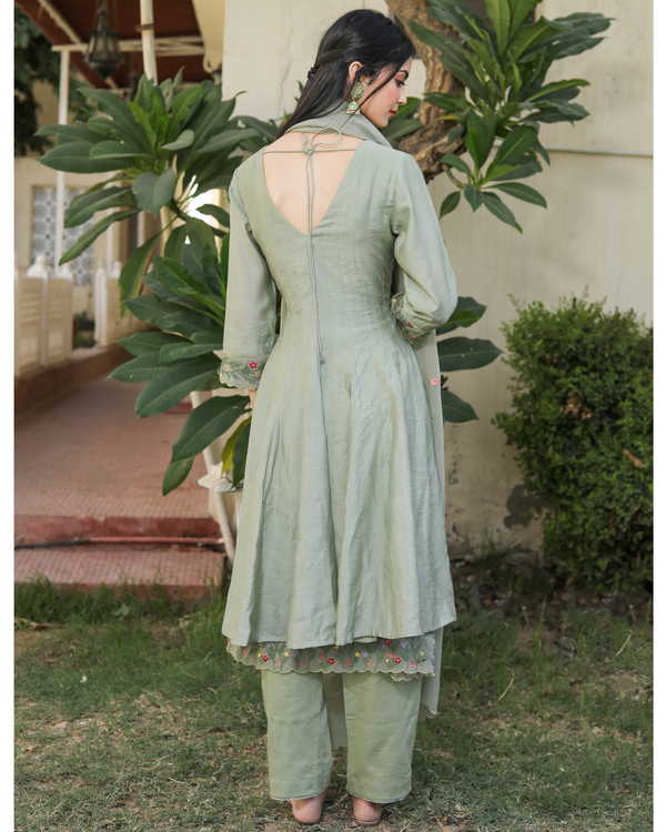 Sage green kalidar kurta set with scallop dupatta - set of three 1