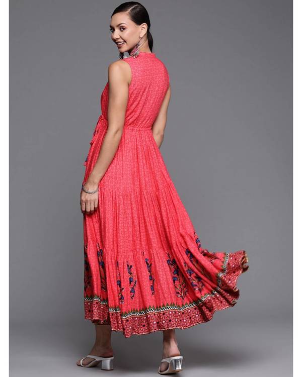 Pink and blue floral printed sleeveless dress 1